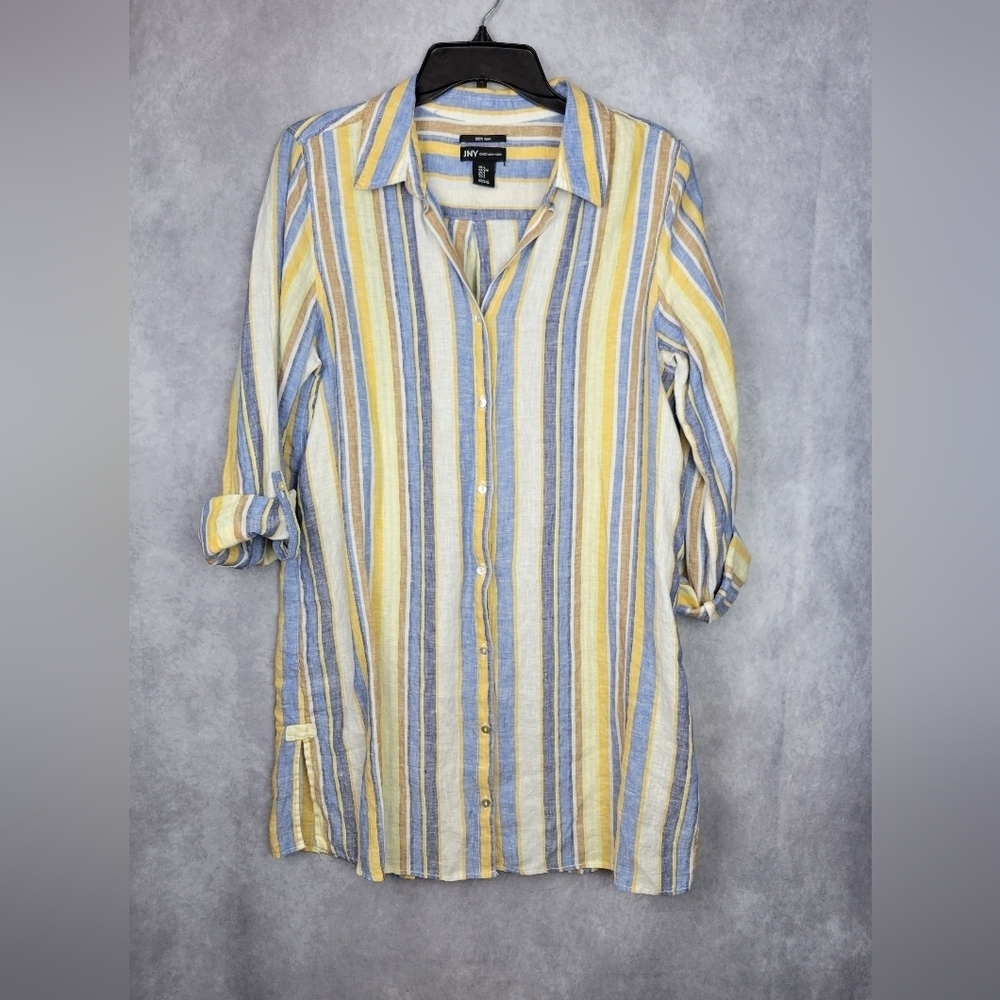 JYN JONES NEW YORK 100% LINEN Button up Roll Tab Striped V neck Tunic Shirt Sz L